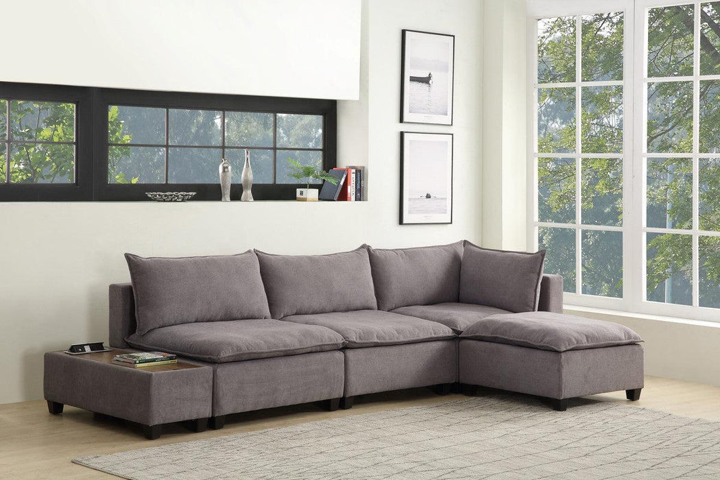 Madison Light Gray Fabric 5 Piece Modular Sectional Sofa Ottoman with USBStorage Console Table