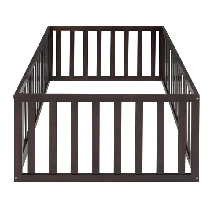 Twin Size Wood Floor Bed Frame with Fence and Door, Walnut