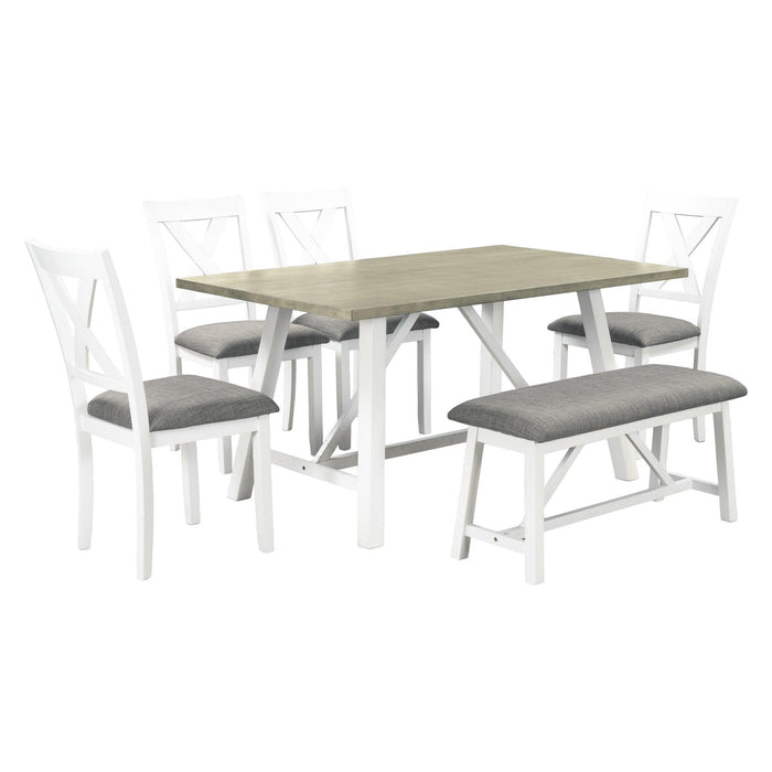 6 Piece Dining Table Set Wood Dining Table and chair Kitchen Table Set with Table, Bench and 4 Chairs, Rustic Style,White+Gray