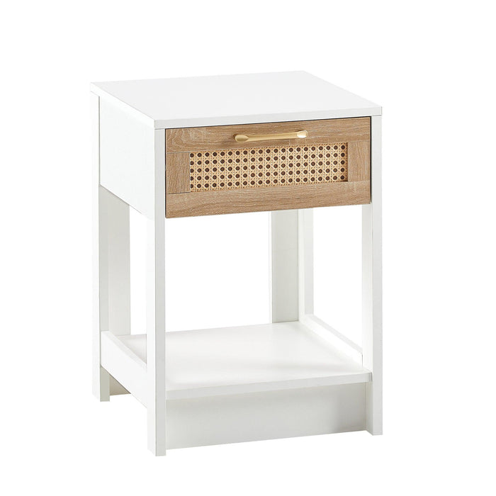 15.75" Rattan End table with  drawer,Modern nightstand, side table for living roon, bedroom,white