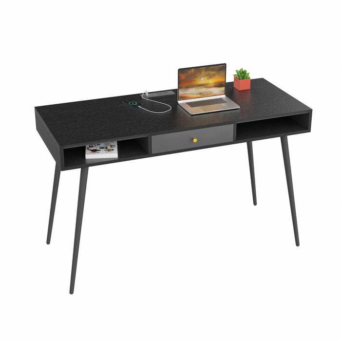 Mid Century Desk with USB Ports and Power Outlet,Modern Writing Study Desk with Drawers, Multifunctional Home Office Computer Desk Black