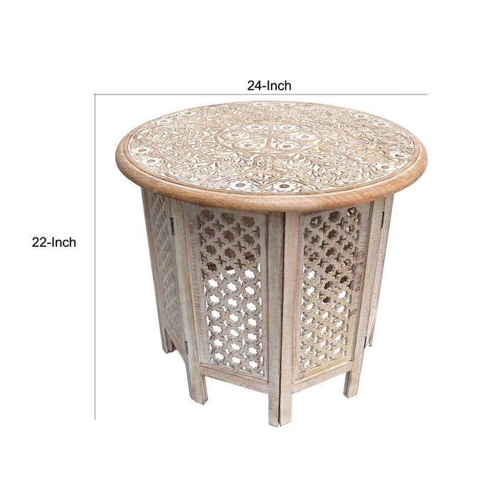 Mesh Cut Out Carved ManWood Octagonal Folding Table with Round Top, Antique White and Brown