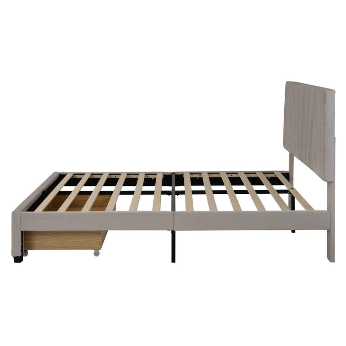 Queen SizeStorage Bed Velvet Upholstered Platform Bed with a Big Drawer - Beige