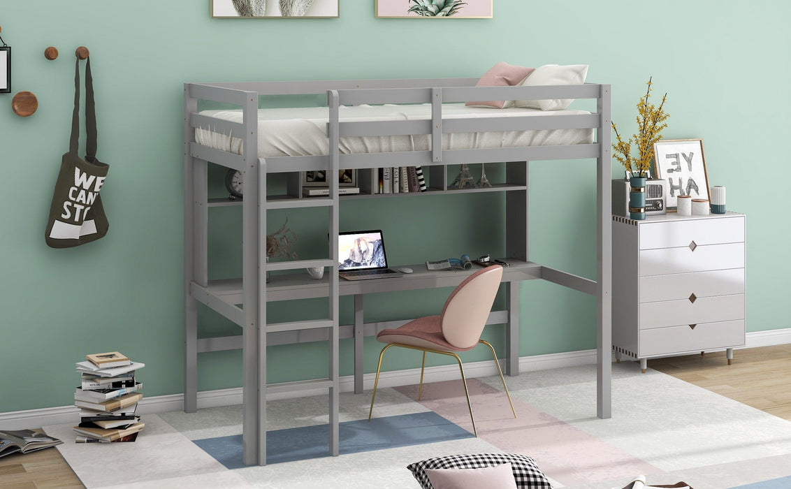Twin Size Loft Bed with Convenient Desk, Shelves, and Ladder, White