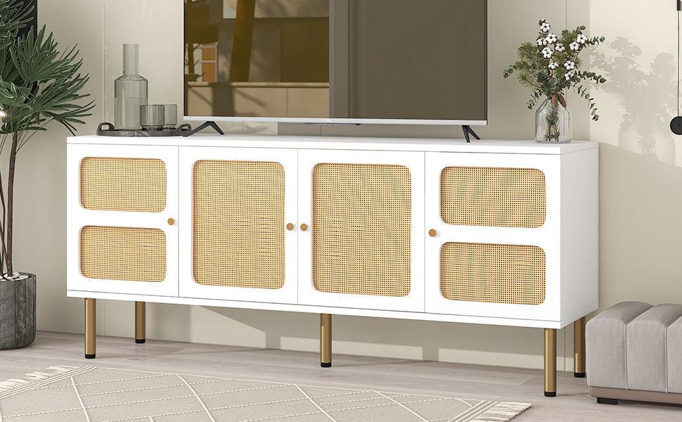 Boho style TV Stand with Rattan Door, Woven Media Console Table for TVs Up to 70”, Country Style Design Side Board with Gold Metal Base for Living Room, White.