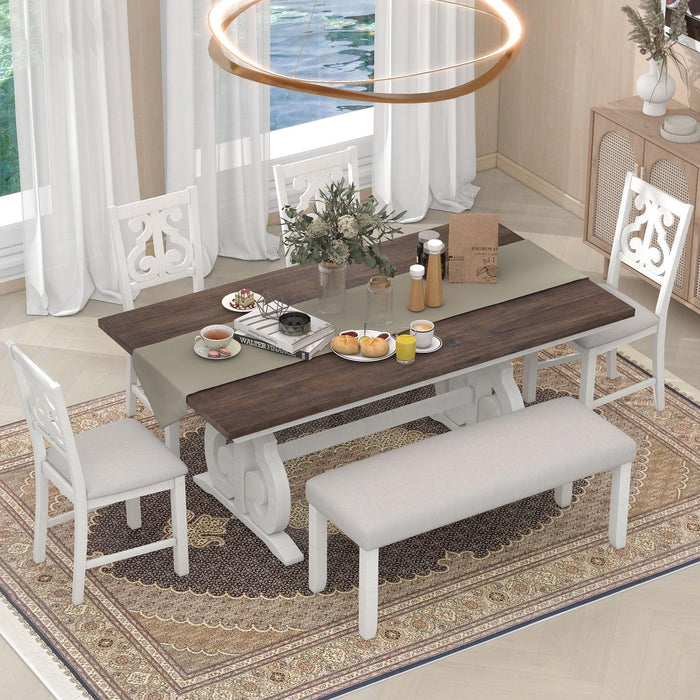6-Piece Wooden Dining Table Set, Farmhouse Rectangular Dining Table, Four Chairs with Exquisitely Designed Hollow Chair Back and Bench for Home Dining Room (Brown+White)