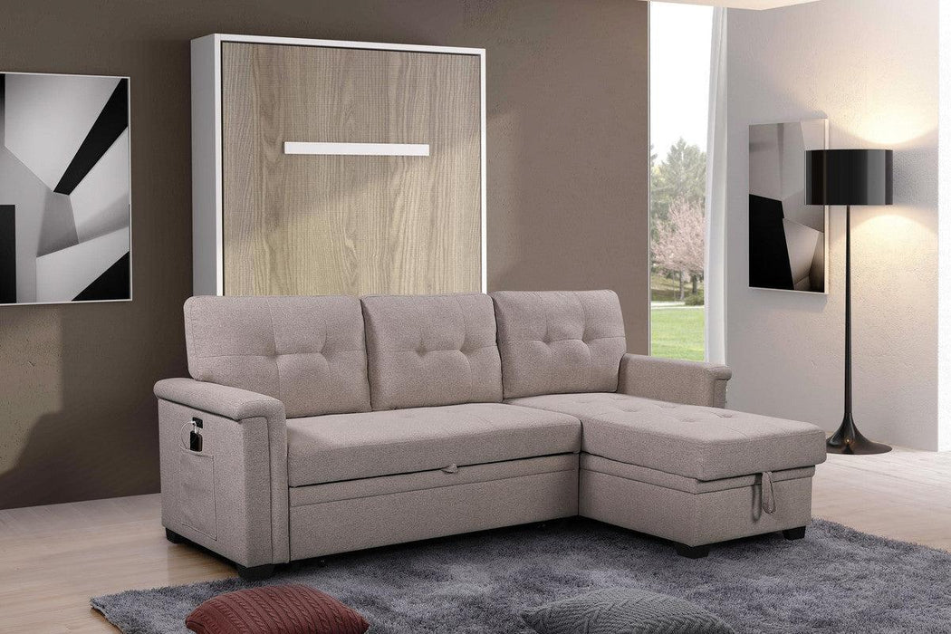 Ashlyn Light Gray Reversible Sleeper Sectional Sofa withStorage Chaise, USB Charging Ports and Pocket