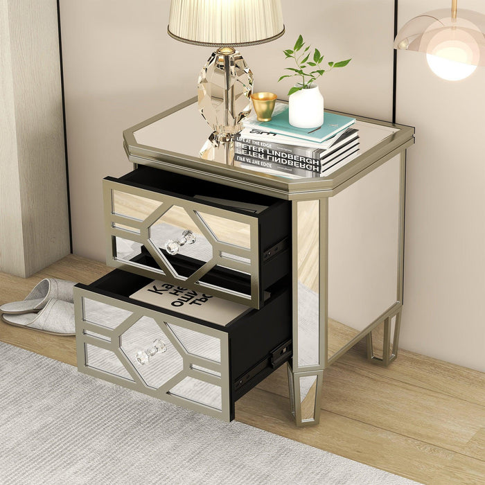 Elegant Mirrored 2-Drawer Side Table with lden Lines for Living Room, Hallway, Entryway