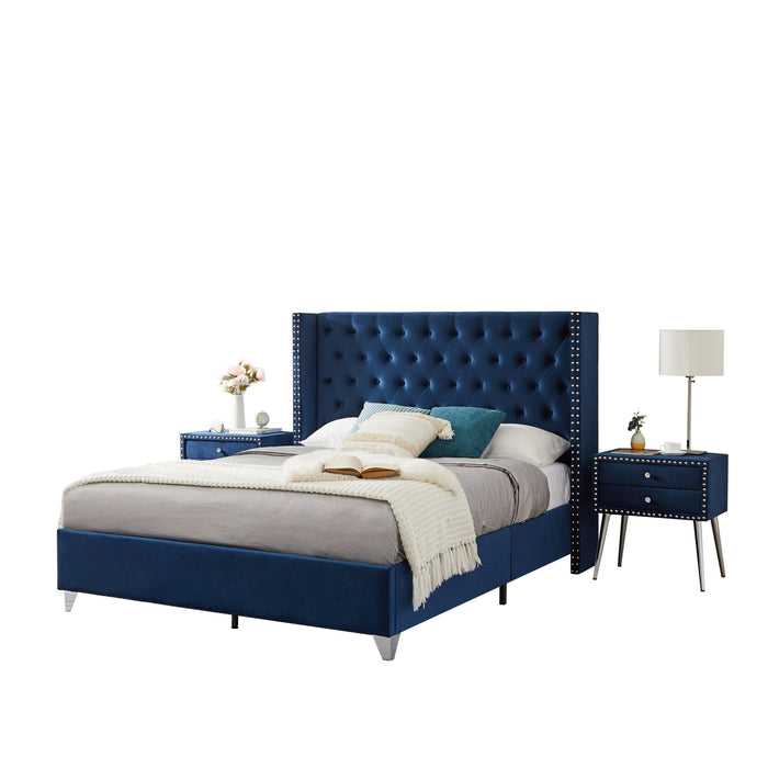 B100S Queen bed with one nightstand, Button designed Headboard,strong wooden slats + metal legs with Electroplate