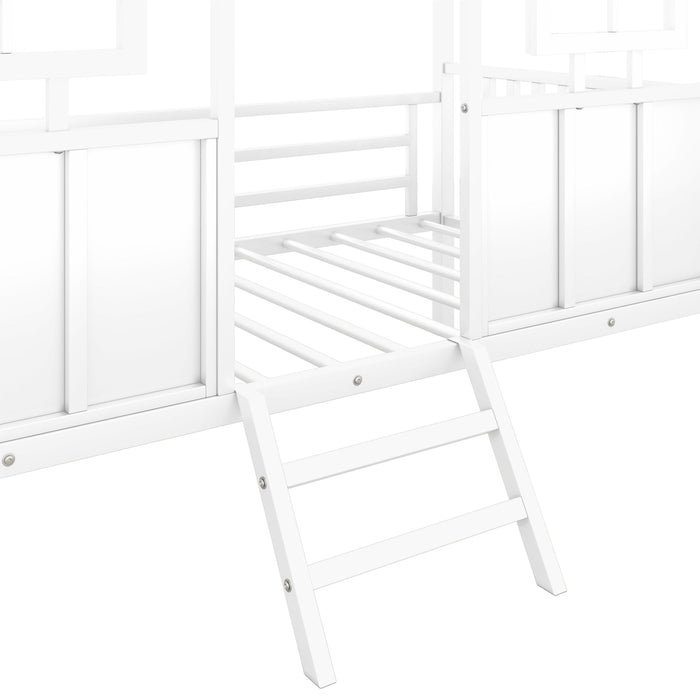 Twin Size Metal Low Loft House Bed with Roof and Two Front Windows , White