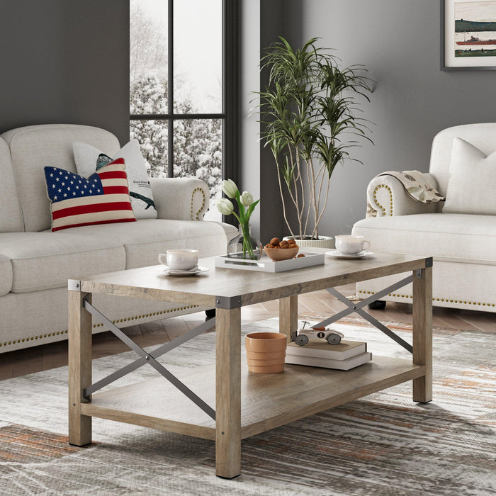 2-TierModern Farmhouse Coffee Table, Wood Rectangle Cocktail Table with Metal X- Frame (Gray, 40.94" w x 21.65" d x 17.91" h)