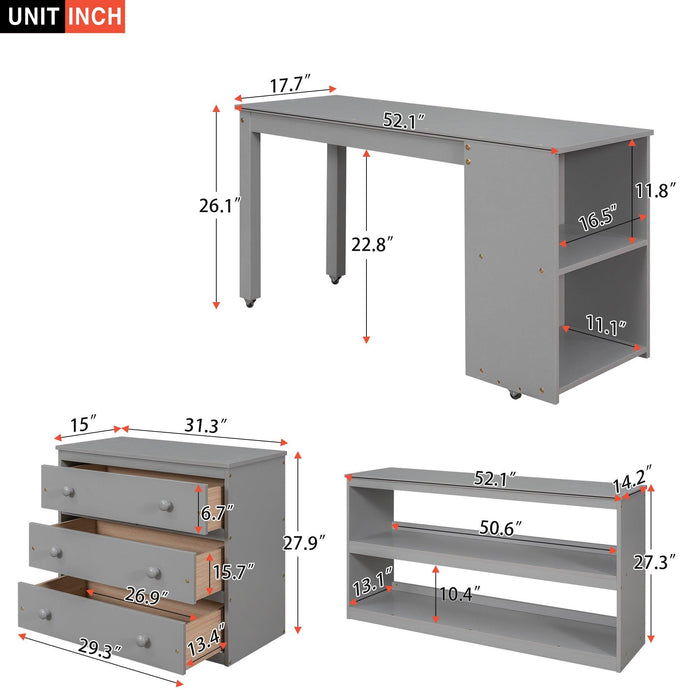 Low Study Full Loft Bed with Cabinet ,Shelves and Rolling Portable Desk ,Multiple Functions Bed- Gray