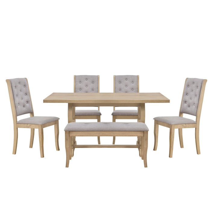 6-Piece Retro Dining Set with Unique-designed Table Legs and Foam-covered Seat Backs&Cushions for Dining Room (Grey Wash)