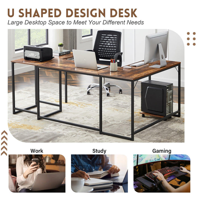 U-shaped Computer Desk, Industrial Corner Writing Desk with CPU Stand, Gaming Table Workstation Desk for Home Office (Brown)