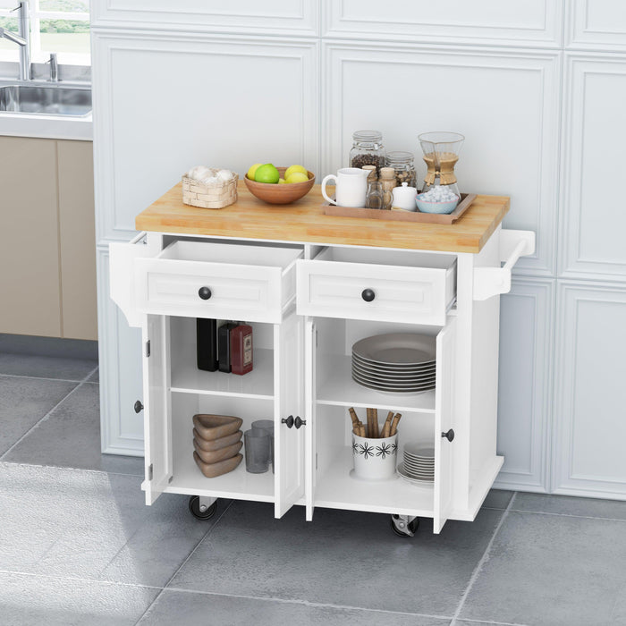 Kitchen Island Cart with TwoStorage Cabinets and Two Locking Wheels，43.31 Inch Width，4 Door Cabinet and Two Drawers，Spice Rack, Towel Rack （White）