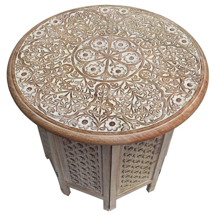 Mesh Cut Out Carved ManWood Octagonal Folding Table with Round Top, Antique White and Brown