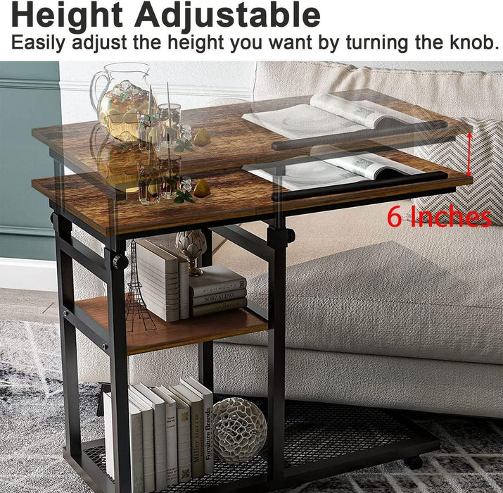 Adjustable C Table with Wheels, Rolling Side Table with Tiltable Board Mobile Couch Snack Table.