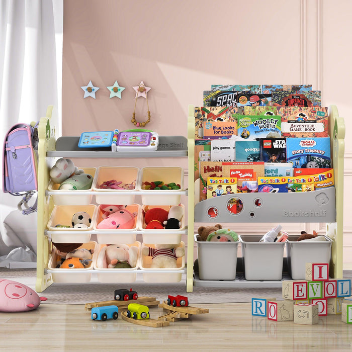 Kids Bookshelf ToyStorage Organizer with 12 Bins and 4 Bookshelves, Multi-functional Nursery Organizer Kids Furniture Set ToyStorage Cabinet Unit with HDPE Shelf and Bins