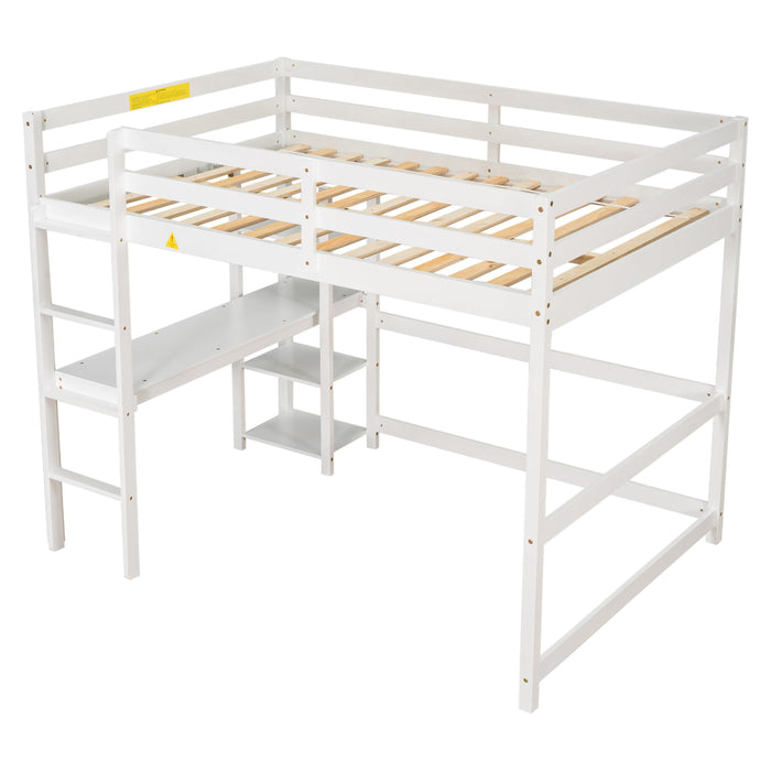 Full Loft Bed with Desk and Shelves,White
