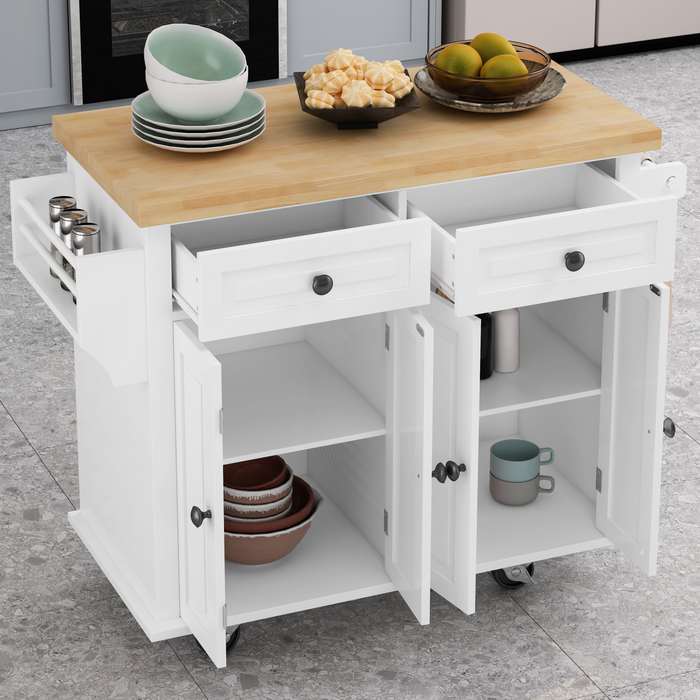 Kitchen Island Cart with TwoStorage Cabinets and Two Locking Wheels，43.31 Inch Width，4 Door Cabinet and Two Drawers，Spice Rack, Towel Rack （White）