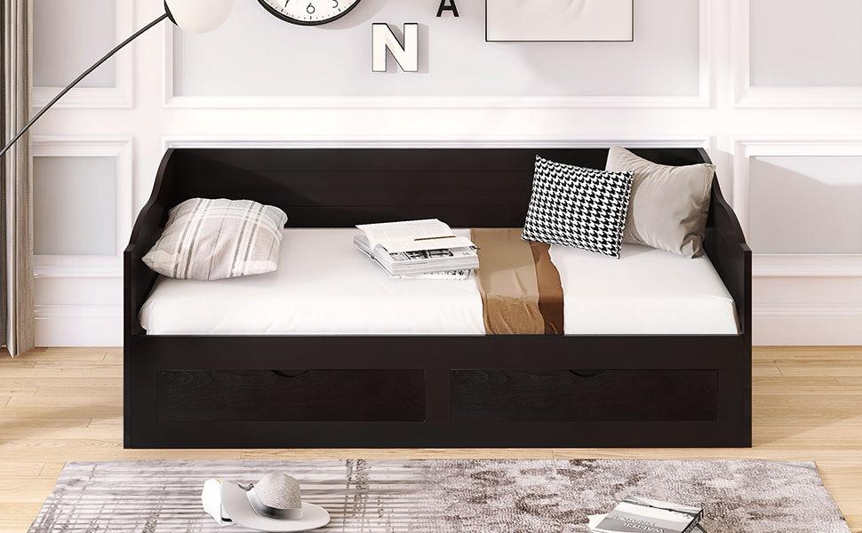 Wooden Daybed with Trundle Bed and TwoStorage Drawers , Extendable Bed Daybed,Sofa Bed with Two Drawers, Espresso