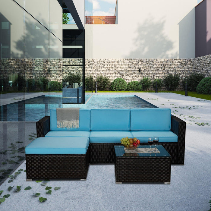 Outdoor Garden Patio Furniture 5-Piece Brown PE Rattan Wicker Sectional Blue Cushioned Sofa Sets