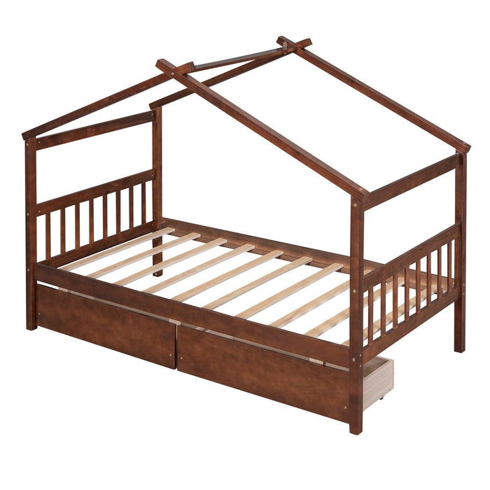 Twin Size Wooden House Bed with Drawers, Walnut