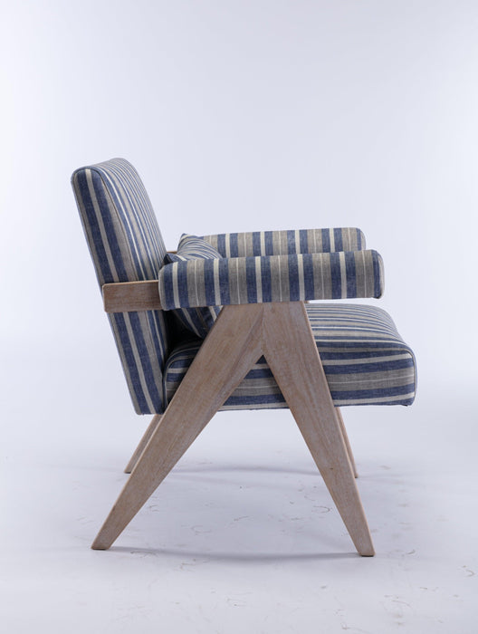 Accent chair, KD rubber wood legs with black finish. Fabric cover the seat. With a cushion.Blue Stripe