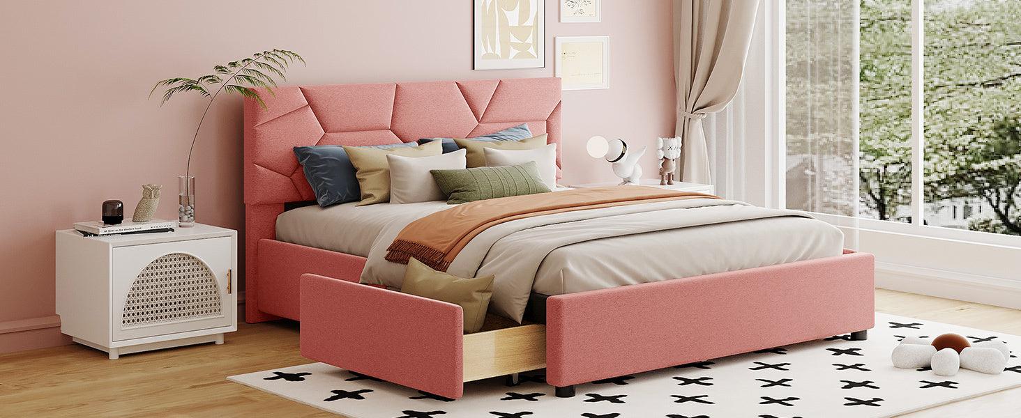 Queen Size Upholstered Platform Bed with Brick Pattern Heardboard and 4 Drawers, Linen Fabric, Pink