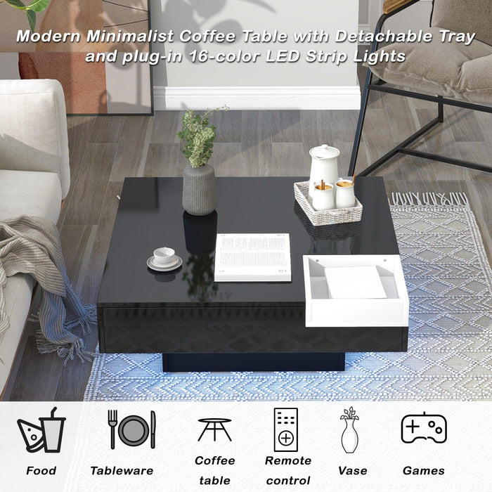 Modern Minimalist Design 31.5*31.5in Square Coffee Table with Detachable Tray and Plug-in 16-color LED Strip Lights Remote Control for Living Room