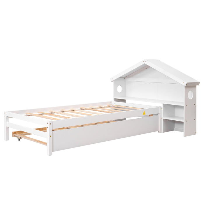 TwinStorage House Bed for kids with Bedside Table, Trundle, White