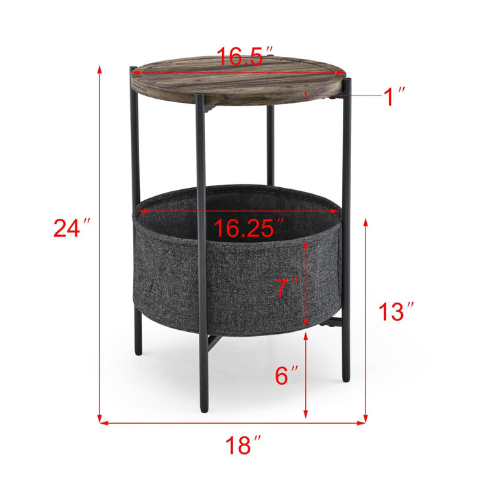 Modern Accent End Table withStorage Basket，Grey Cloth Bag and Brown Top （18“x18”x24“）