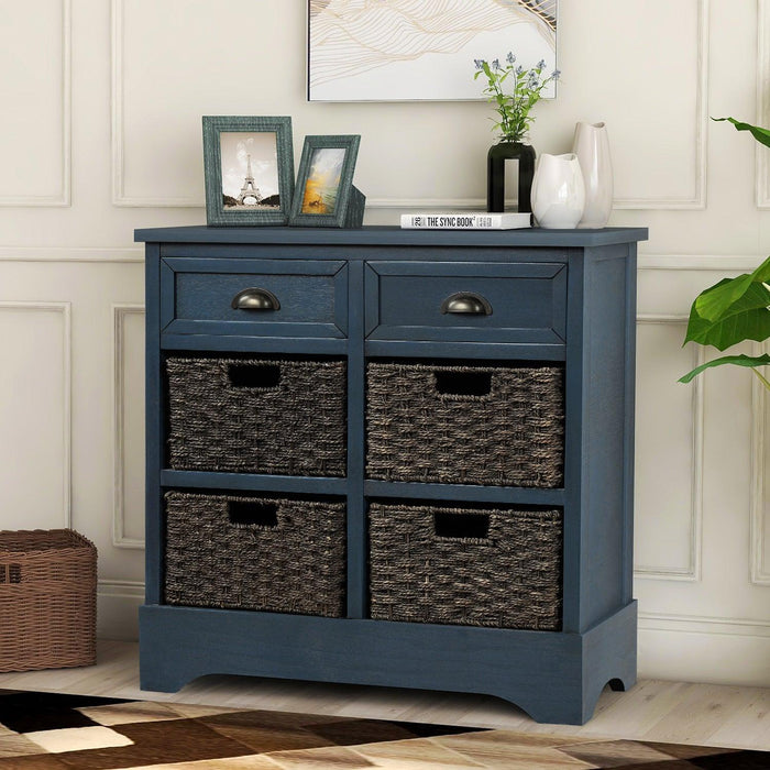 RusticStorage Cabinet with Two Drawers and Four  Classic Rattan Basket for Dining Room/Entryway/Living Room (Antique Navy)