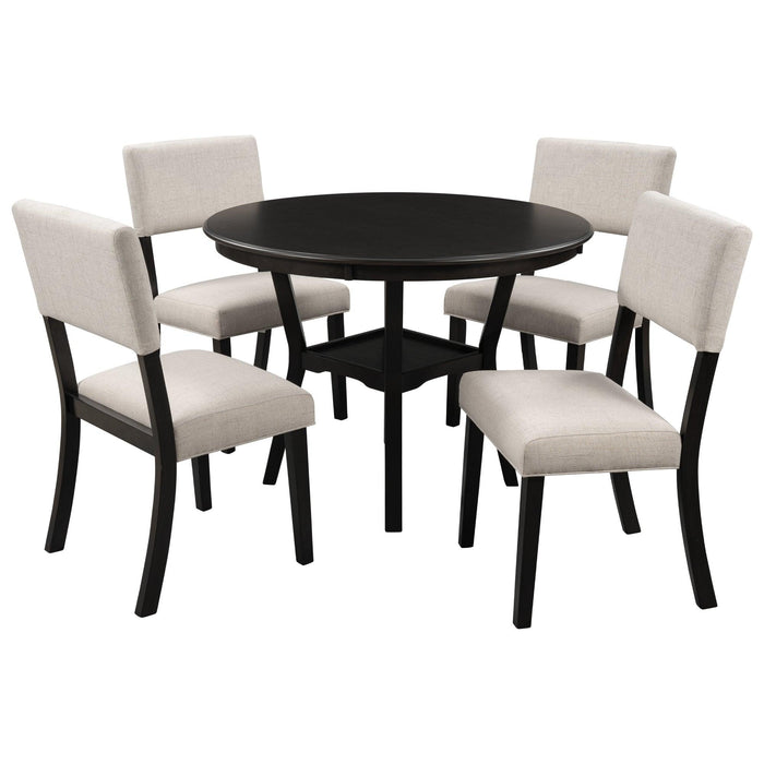 5-Piece Kitchen Dining Table Set Round Table with Bottom Shelf, 4 Upholstered Chairs for Dining Room（Espresso）