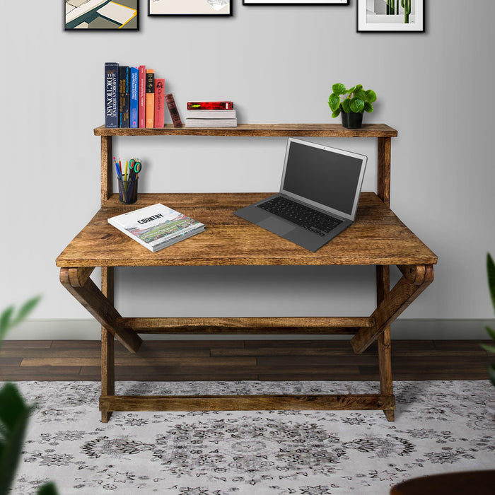 42 Inch Rectangular ManWood Home Office Desk, Top Shelf, X Shaped Folding Frame, Brown