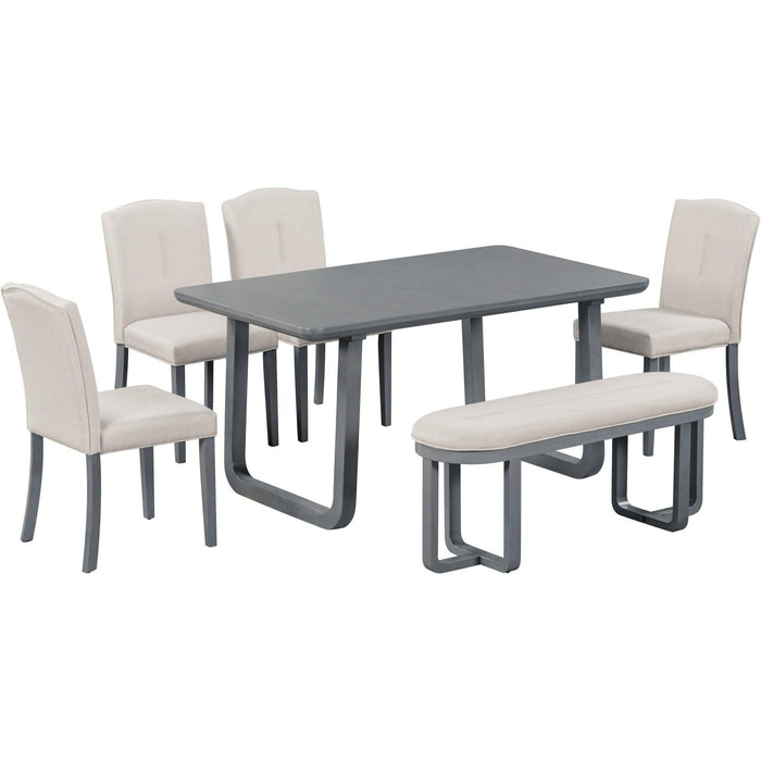 6-Piece Retro-Style Dining Set Includes Dining Table, 4 Upholstered Chairs & Bench with Foam-covered Seat Backs&Cushions for Dining Room (Gray+Beige)