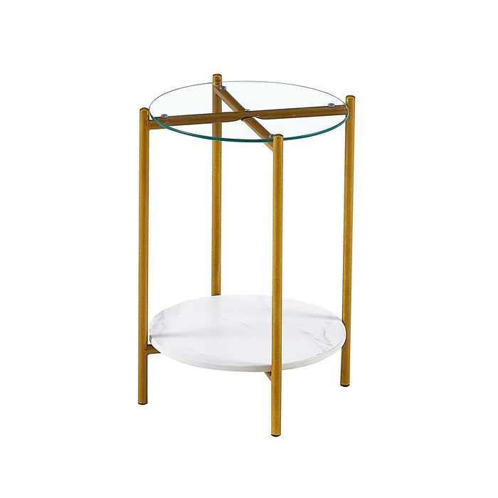 2-layer End Table with Tempered Glass and  Marble Tabletop, Round Coffee Table with Golden Metal Frame for Bedroom Living Room Office (1 piece)
