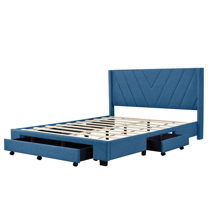 Queen SizeStorage Bed Linen Upholstered Platform Bed with 3 Drawers (Blue)