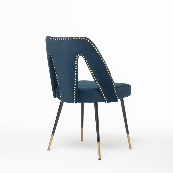 Akoya CollectionModern | Contemporary Velvet Upholstered Dining Chair with Nailheads and Gold Tipped Black Metal Legs,Blue,Set of 2