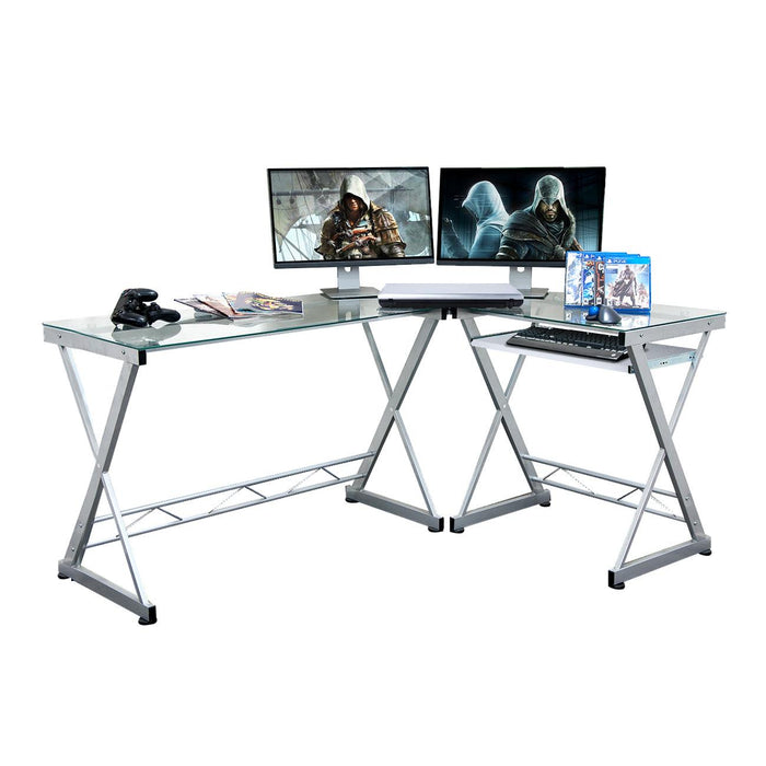 Techni Mobili L-Shaped Tempered Glass Top Computer Desk with Pull Out Keyboard Panel, Clear
