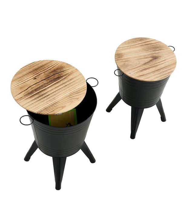 Farmhouse Rustic Distressed Metal Accent Cocktail Table with wood top-BLK, Set of 2