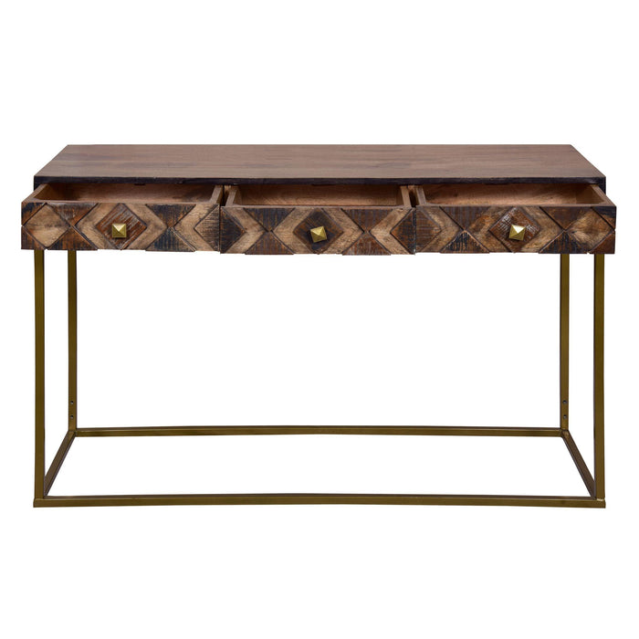 51 Inch 3 Drawer ManWood Console Table, Diamond Textured Panels, Metal Frame, Brown