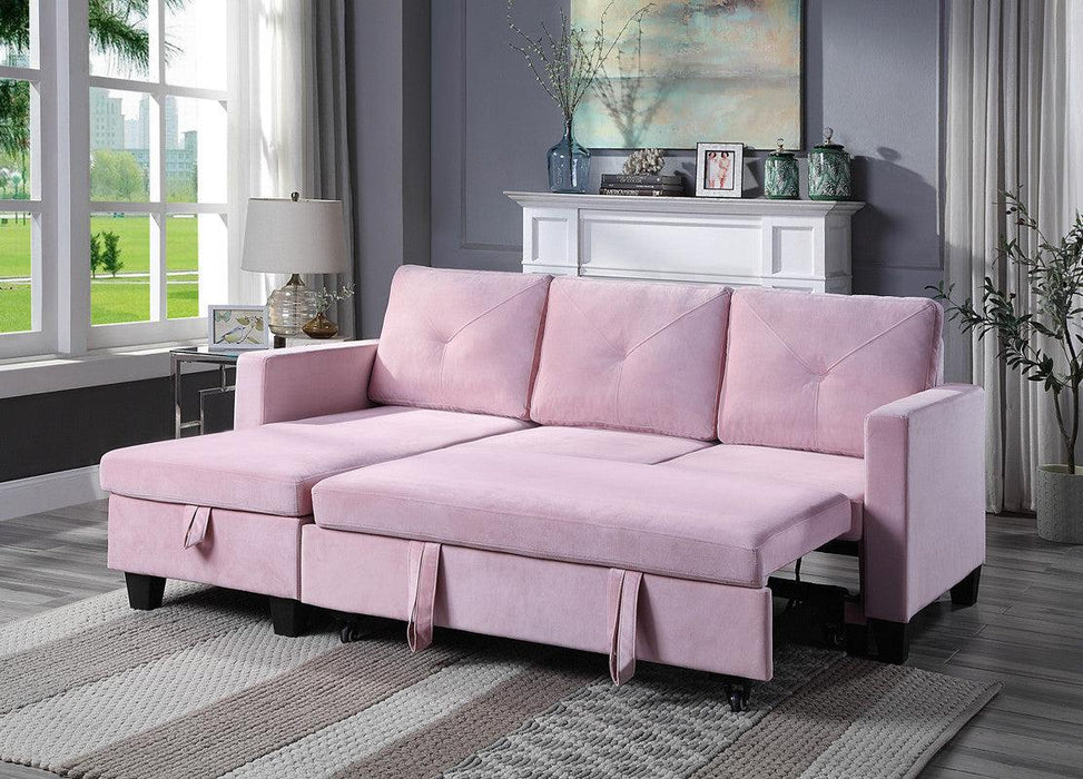 Nova Pink Velvet Reversible Sleeper Sectional Sofa withStorage Chaise
