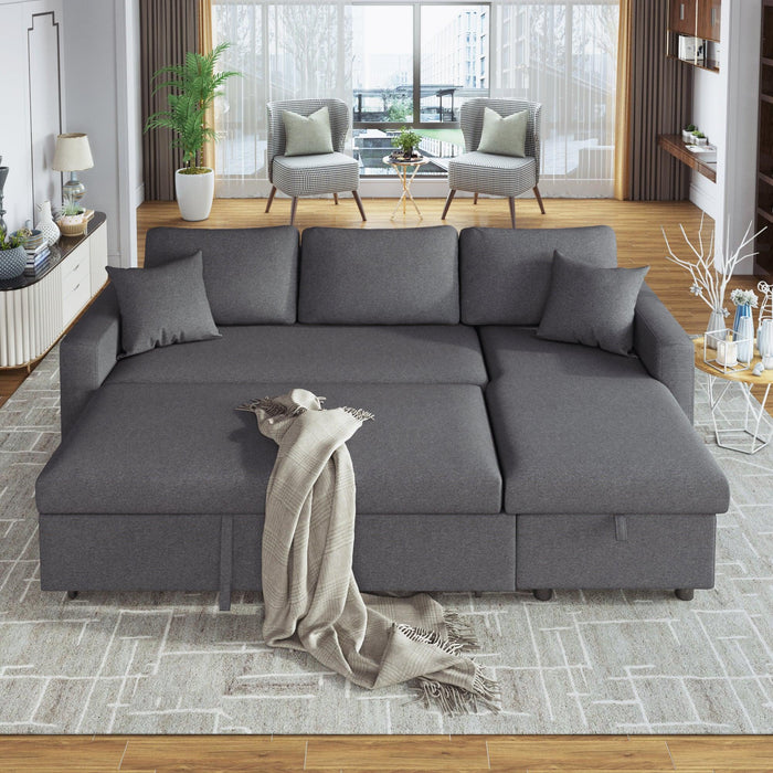 Upholstery  Sleeper Sectional Sofa Grey withStorage Space, 2 Tossing Cushions