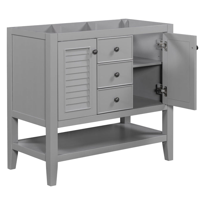 36" Bathroom Vanity without Sink, Cabinet Base Only, Two Cabinets and Drawers, Open Shelf, Solid Wood Frame, Grey