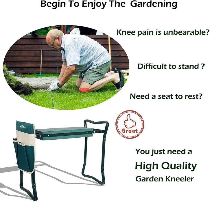 Outdoor 2-in-1 Garden Stool and Kneeler, Garden Bench with Tool Bags, Kneeling Pad, Gift for Parent, Portable, Green