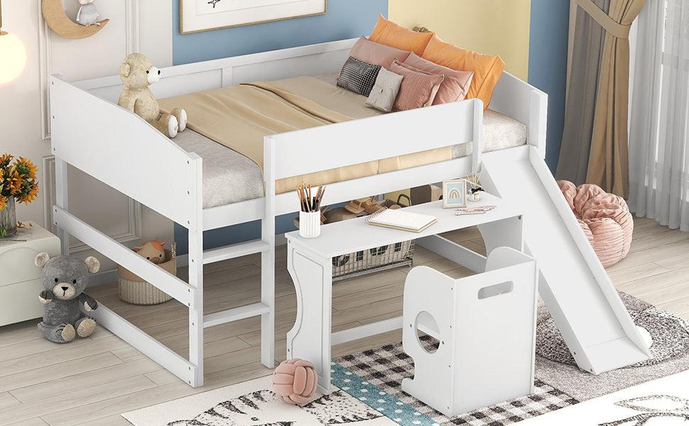 Low Study Full Loft Bed with Rolling Portable Desk and Chair,Multiple Functions Bed- White