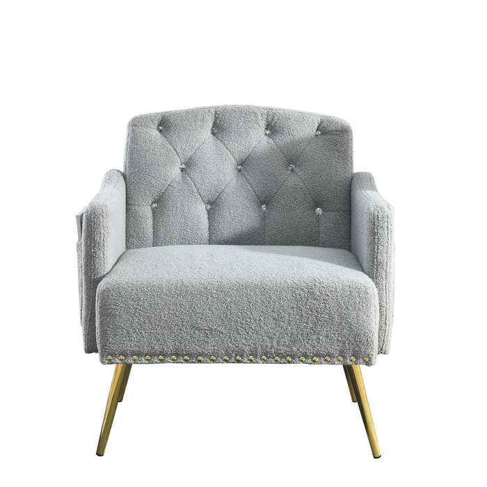 30 "WModern Chesterfield Tufted Upholstered Chair with Deep Buttons, Living Room Chair, Comfortable Armchair, Gold Hardware Legs, Tufted Chair for Reading or Relaxing, GREY TEDDY