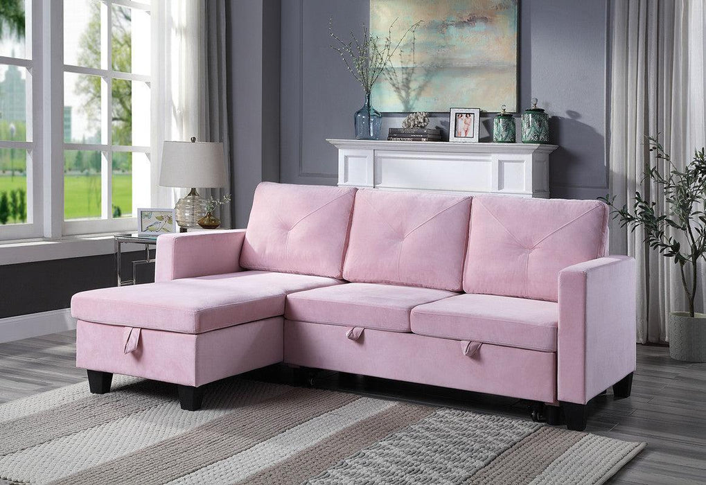 Nova Pink Velvet Reversible Sleeper Sectional Sofa withStorage Chaise