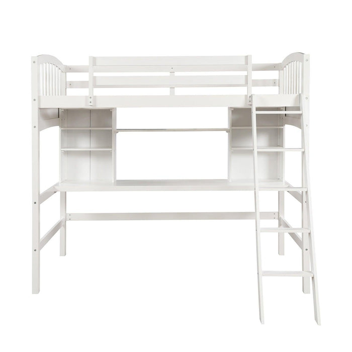 Twin size Loft Bed withStorage Shelves, Desk and Ladder, White